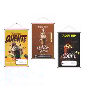 Banner prontos modelos variados tema: Chocolate quente Lona 280g   Brilho Madeira e cordinha 