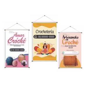 Banner prontos modelos variados tema: Crochê Lona 280g   Brilho Madeira e cordinha 