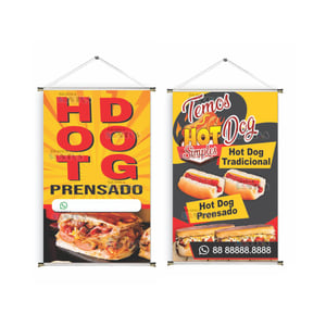 Banner prontos modelos variados tema: Hot Dog/ Cachorro Quente Lona 280g   Brilho Madeira e cordinha 