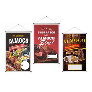 Banner prontos modelos variados tema: Almoço com Churrasco Lona 280g   Brilho Madeira e cordinha 