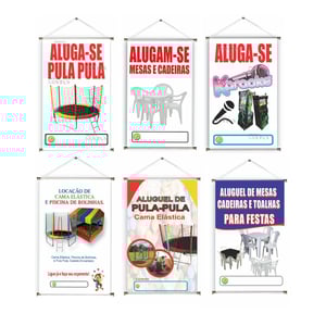 Banner prontos modelos variados tema: Aluguel para festas Lona 280g   Brilho Madeira e cordinha 