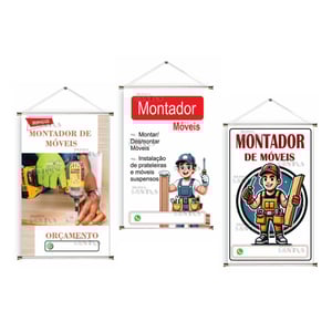 Banner prontos modelos variados tema: Montador de móveis Lona 280g   Brilho Madeira e cordinha 