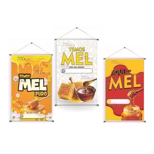 Banner prontos modelos variados tema: Mel Lona 280g   Brilho Madeira e cordinha 