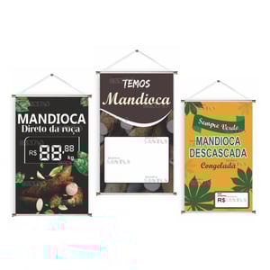 Banner prontos modelos variados tema: Mandioca Lona 280g   Brilho Madeira e cordinha 