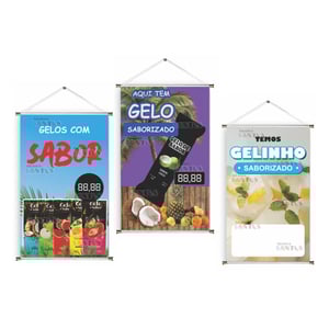 Banner prontos modelos variados tema: Gelo Saborizado Lona 280g   Brilho Madeira e cordinha 
