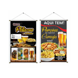 Banner prontos modelos variados tema: Porções e petiscos Lona 280g   Brilho Madeira e cordinha 