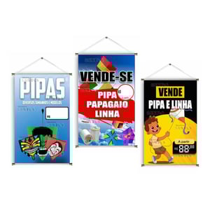 Banner prontos modelos variados tema: Pipas Lona 280g   Brilho Madeira e cordinha 