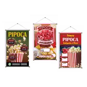 Banner prontos modelos variados tema: Pipoca Lona 280g   Brilho Madeira e cordinha 