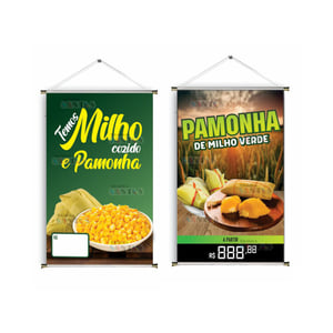 Banner prontos modelos variados tema: Pamonha Lona 280g   Brilho Madeira e cordinha 