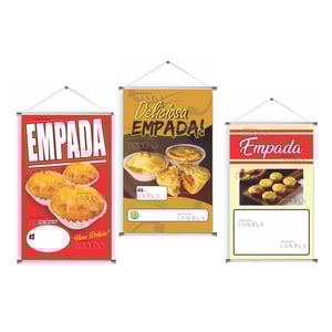 Banner prontos modelos variados tema: Empada Lona 280g   Brilho Madeira e cordinha 