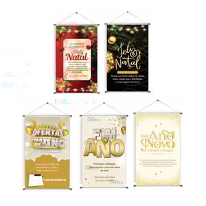 Banner prontos modelos variados tema: Festas Final de ano Lona 280g   Brilho Madeira e cordinha 