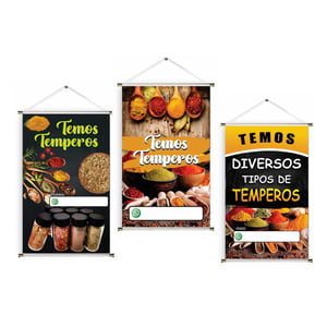 Banner prontos modelos variados tema: Tempero Lona 280g   Brilho Madeira e cordinha 