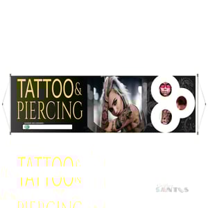 Faixa pronta Horizontal tema: Body Piercing Lona 280g   Brilho Madeira e cordinha 
