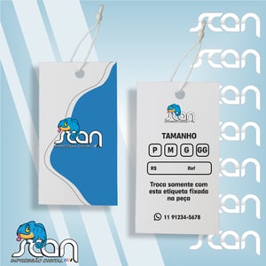 Tag Couchê 250gr 4,8x8,8 cm Impressão colorida | Frente e Verso BOPP brilho frente corte reto, furo 4mm central 