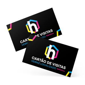 Cartão de Visitas - Verniz Localizado Couchê 300g 9x5cm (Final: 8,8x4,8cm) Impressão Frente e Verso em escala CMYK Verniz Localizado Corte Reto 