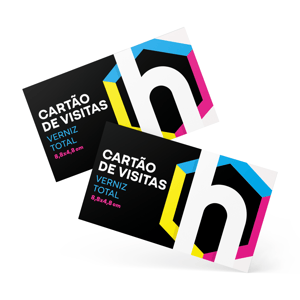 Cartão de Visitas - Verniz Total Frente Couchê 300g Arte: 9x5cm | Final: 8,8x4,8cm Impressão Frente e Verso em escala CMYK Verniz UV Total Corte Reto 