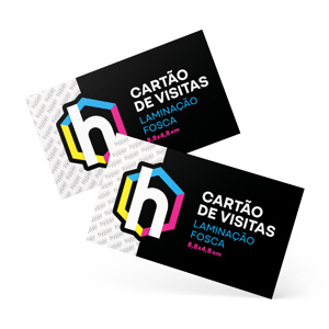 Cartão de Visitas - Laminação Fosca Couchê 300g 9x5cm Impressão Frente e Verso em escala CMYK Laminação Fosca Corte Reto 
