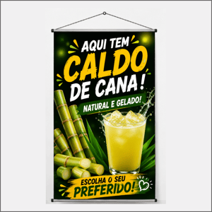 Banner Caldo de Cana Lona 440g Banner Impresão colorido Frente Brilho Bastão de Madeira, Cordão na parte Superior 