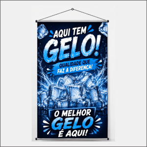 Banner Aqui tem Gelo Lona 440g Banner Impresão colorido Frente Brilho Bastão de Madeira, Cordão na parte Superior 