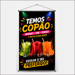 Banner Copão Lona 440g Banner Impresão colorido Frente Brilho Bastão de Madeira, Cordão na parte Superior 