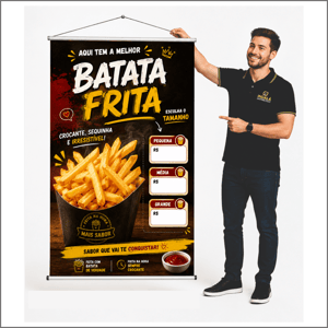 Banner Batata Frita Lona 440g Banner Impresão colorido Frente Brilho Bastão de Madeira, Cordão na parte Superior 