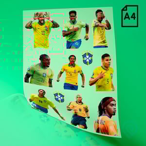 Cartela A4 DTF UV – Jogadores Brasil Copa do Mundo 2026 Material em Filme Cartela A4 - 21 x 29 cm Impressão Colorida Verniz para auto relevo  Cartela adesivo DTF UV - Copa do Mundo 2026
