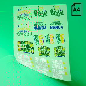 Cartela A4 DTF UV – Frases 02 Brasil Copa do Mundo 2026 Material em Filme Cartela A4 - 21 x 29 cm Impressão Colorida Verniz para auto relevo  Cartela adesivo DTF UV - Copa do Mundo 2026