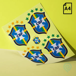 Cartela A4 DTF UV – Escudo Seleção Brasileira CBF Estilo Bordado 02 Copa do Mundo 2026 Material em Filme Cartela A4 - 21 x 29 cm Impressão Colorida Verniz para auto relevo  Cartela adesivo DTF UV - Copa do Mundo 2026