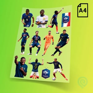 Cartela A4 DTF UV – Jogadores França Copa do Mundo 2026 Material em Filme Cartela A4 - 21 x 29 cm Impressão Colorida Verniz para auto relevo  Cartela adesivo DTF UV - Copa do Mundo 2026