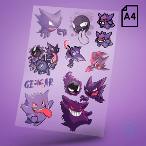 Cartela A4 DTF UV/TÊXTIL – GENGAR Geek Anime DTF UV ou DTF Têxtil Cartela A4 - 21 x 29 cm    Cartela DTF Geek Gengar