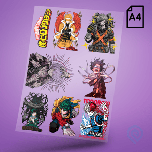 Cartela A4 DTF UV/TÊXTIL – MY HERO ACADEMIA / BOKU NO HERO Geek Anime DTF UV ou DTF Têxtil Cartela A4 - 21 x 29 cm    Cartela DTF Geek My Hero Academia / Boku no Hero