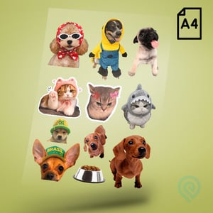 Cartela A4 DTF UV/TÊXTIL – PET LOVERS 09 Cachorros e Gatos Memes DTF UV ou DTF Têxtil Cartela A4 - 21 x 29 cm    Cartela DTF PET LOVERS Cachorros e Gatos Memes