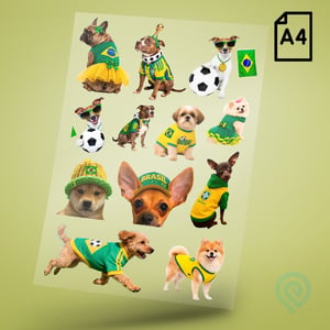 Cartela A4 DTF UV/TÊXTIL – PET LOVERS 03 Cachorros Brasil Copa do Mundo DTF UV ou DTF Têxtil Cartela A4 - 21 x 29 cm    Cartela DTF PET LOVERS Cachorros Brasil Copa do Mundo