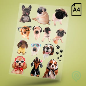 Cartela A4 DTF UV/TÊXTIL – PET LOVERS 02 Cachorros DTF UV ou DTF Têxtil Cartela A4 - 21 x 29 cm    Cartela DTF PET LOVERS Cachorros