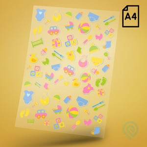 Cartela A4 DTF UV/TÊXTIL – Maternidade Ícones Infantil Criança DTF UV ou DTF Têxtil Cartela A4 - 21 x 29 cm    Cartela DTF Maternidade Ícones Infantil Criança