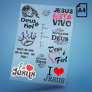 Cartela A4 DTF UV/TÊXTIL – Religião Deus Frases 03 DTF UV ou DTF Têxtil Cartela A4 - 21 x 29 cm    Cartela DTF Religião Deus Frases 03