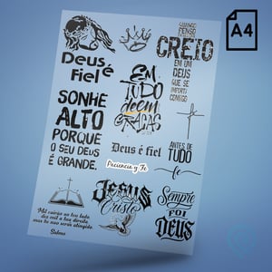 Cartela A4 DTF UV/TÊXTIL – Religião Deus Frases 02 DTF UV ou DTF Têxtil Cartela A4 - 21 x 29 cm    Cartela DTF Religião Deus Frases 02