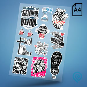Cartela A4 DTF UV/TÊXTIL – Religião Deus Frases 04 DTF UV ou DTF Têxtil Cartela A4 - 21 x 29 cm    Cartela DTF Religião Deus Frases 04