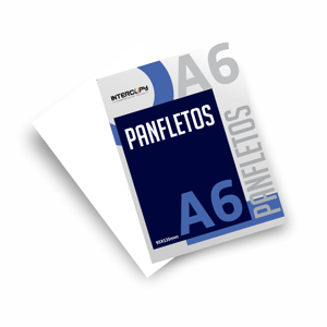 PANFLETOS A6 PAPEL COUCHÊ 90g A6 (10x14 cm) COLORIDO SÓ FRENTE  CORTE RETO 