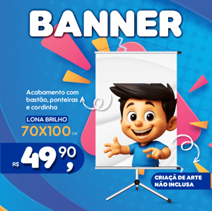 Banner 70x100cm Lona Front 440g 70x100cm   Bastão, Ponteiras e Cordinha 