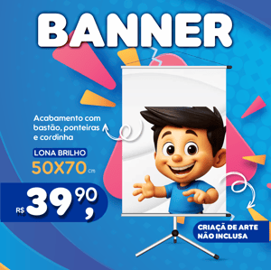 Banner 50x70cm Lona Front 440g 50x70cm   Bastão, Ponteiras e Cordinha 
