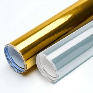 VINIL ESPELHADO DOURADO/PRATA - 140G PVC polimérico gold calandrado 80 micra (0.07) 0 4x0  CORTE RETO Prazo de produção pode variar de acordo com quantidade comprada!