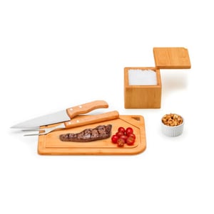 Kit para Churrasco em Bambu / Madeira / Inox - 5 Peças