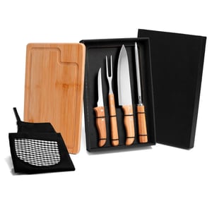Kit Para Churrasco Em Bambu / Madeira / Inox Com Avental - 6 Pçs