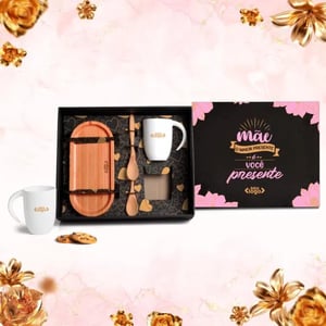 Kit Para Café e Chá - 5 Pçs Colheres e Bandeja em Bambu, Canecas de Cerâmica Bandeja: 26x12x1,7cm    Pedido mínimo de 10 peças
