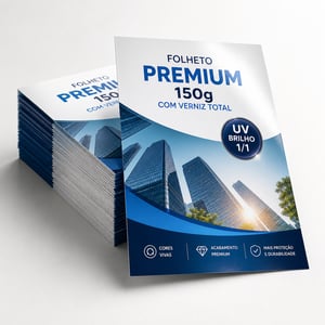 Folheto Premium 9x20cm - Verniz Total UV Brilho ou Fosco 1/1 Couchê Brilho 150g/m² 9x20cm Frente e verso coloridos UV Brilho ou Fosco 1/1 Corte reto padrão Verniz UV Total Frente e Verso - Brilho ou Fosco