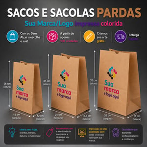 Sacos e Sacolas Digitais M Kraft Pardo 26 L x 32 A x 18 P (cm) CMYK Impressão Digital Pacote Frente ou Frente/Verso