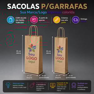 Sacos e Sacolas Garrafas Kraft Pardo 100gr 17 L x 35 A x 9 P (cm) CMYK Impressão Digital Pacote Frente ou Frente/Verso