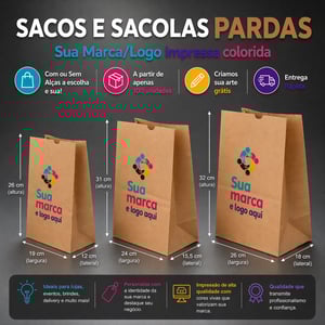 Sacos e Sacolas Digitais M Kraft Pardo 19 L x 26 A x 12 P (cm) CMYK Impressão Digital Pacote Frente ou Frente/Verso