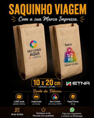 Saquinhos Viagem Papel Pardo 40 gr 10 x 20 cm ( LxA ) - 500 gr Colorido CMYK Frente Impressão Digital Frente Pacote Medida Aberta: 21x32 cm